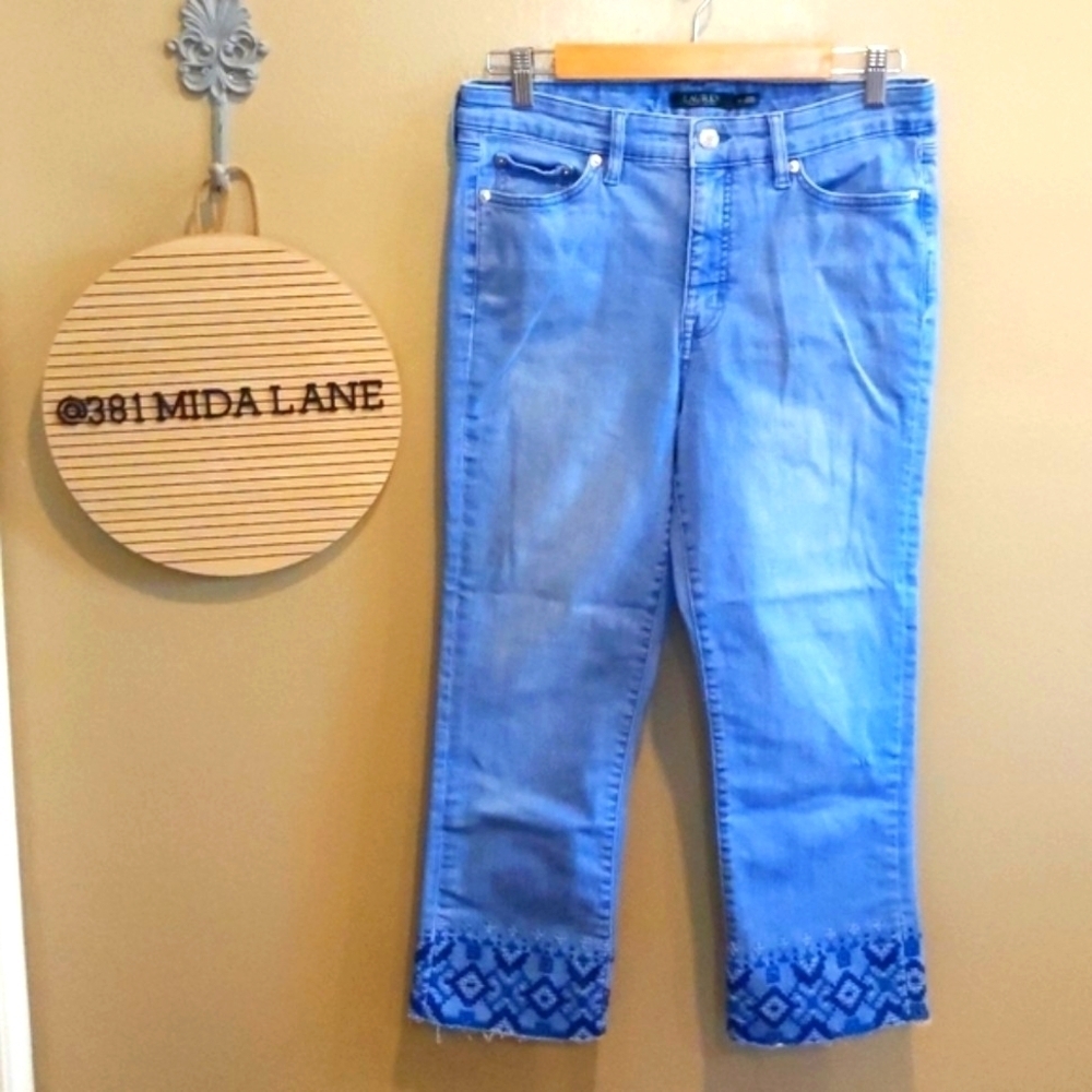 Ralph Lauren Light Blue Cropped Embroidered Hem Jeans